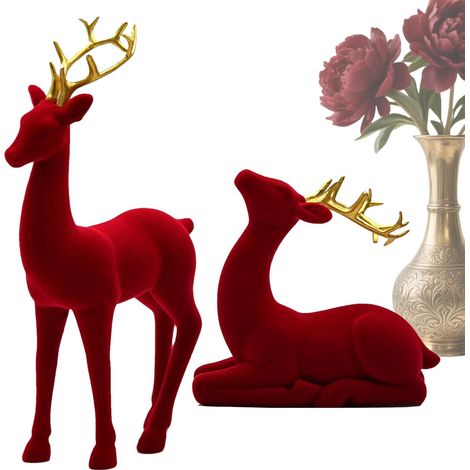 Renne De Noël Statue, Sculpture, Esthétique, Rouge, Vert, Décoration Maison Figurines de renne pour décoration intérieure maison cuisine dessus de cheminée table chevet salon chambre enfant fête (1/5)