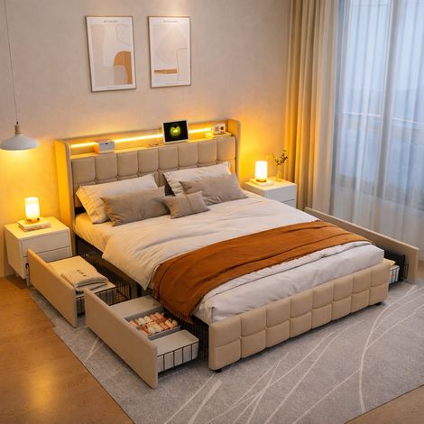 Lit Double 160x200 cm avec sommier, lit adult avec 4 tiroirs, tête de lit capitonné avec let et USB, Cadre Métallique, Lin beige (1/5)