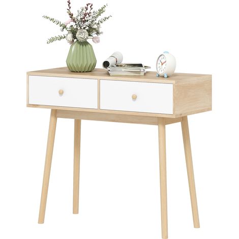 Console 2 tiroirs moderne chêne blanc, entrée salon couloir, 86 x 35 x 75 cm