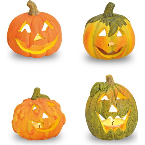 Ton Kürbis Herbstdeko Teelichthalter 4er Set - Ø 8 cm - Halloween Windlicht für Innen und Außen - Kerzenhalter Tischdeko Dekokürbis Deko Laterne klein