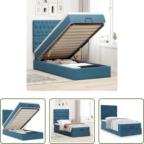 vidaXL Rangement sous le lit - Cadre de lit ottoman avec matelas bleu foncé 100x200 cm velours (1/5)