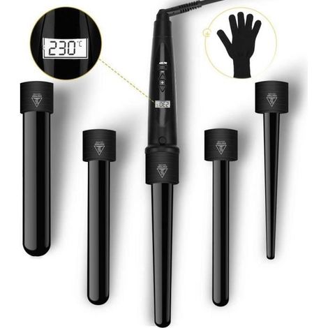 Fer à Boucler Curling Wand 5 en 1 avec LCD Ecran Boucleur Cheveux de 80-230°C Fer à Friser en Céramique avec Gant (1/4)