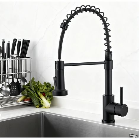Océan Robinet de cuisine avec douchette amovible 360° rotatif ressort spiralé mitigeur évier finition noir mat (1/5)