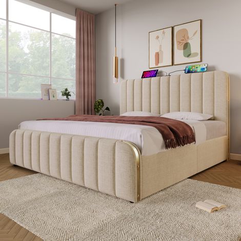 Cama doble tapizada con almacenaje USB Type C beige OKMYHOME (1/5)