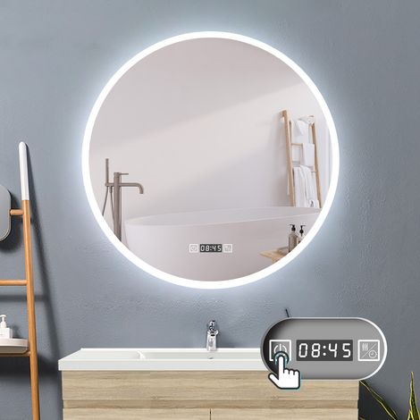 LED Rund Spiegel Badspiegel mit Beleuchtung Badspiegel Badezimmerspiegel Touch 60cm Uhr+Beschlagfrei+3 Lichtfarben Dimmbar+LED Memory Funktion