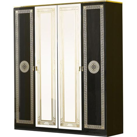 Armoire adulte 4 portes 2 avec miroirs laqué noir et doré Savana 181cm (1/3)