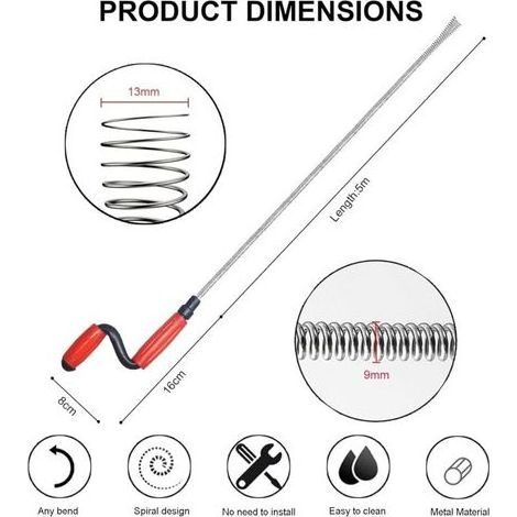 Deboucheur Canalisation Professionnel, 5m x 9mm Spirale Déboucheur wc avec Manivelle, Sonde de Debouchage pour WC Evier Canalisation