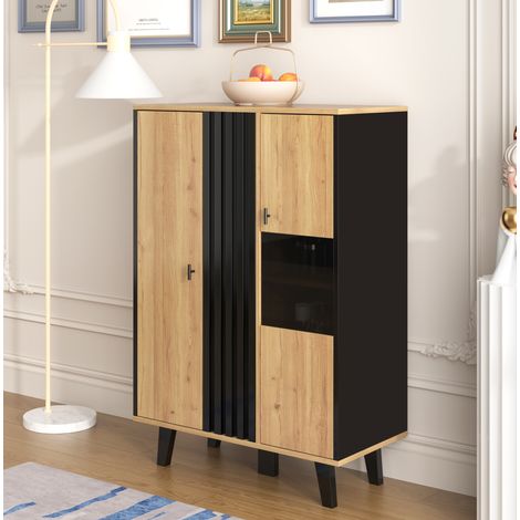 Credenze 80x40x120 cm in legno con illuminazione LED, 2 ante e finitura stratificata, nero e naturale (1/5)