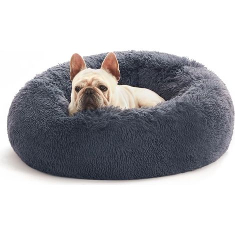 Katzen- und Hundebett für den Innenbereich, Dunkelgrau, 80 cm Außendurchmesser, maschinenwaschbar, weiches Plüsch, rund, flauschiges Bett, 1 Stück (1/5)