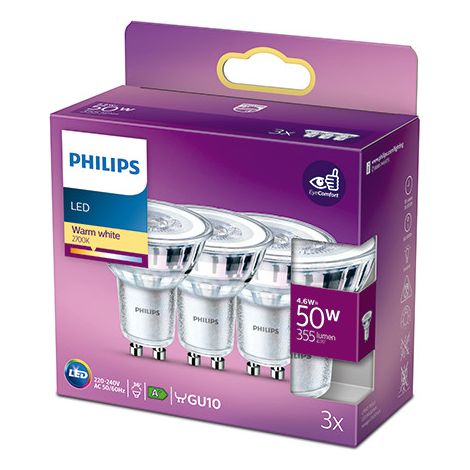 Philips, paquete de 3 bombillas GU10 LED 50W, blanco cálido (1/2)