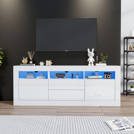 160×35×60 cm Meuble TV brillant avec éclairage LED, 3 niches ouvertes, 2 portes et 2 tiroirs, contrôle via application, pour téléviseurs jusqu’à 70 pouces