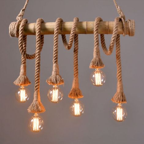 Vintage Pendelleuchte 3m 6 E27 Glühbirnen 85-265V, Retro-Hanfseil-Lampenschirm, industrielle Glühfaden-Deckenleuchte, dekorativer Kronleuchter, 6 Köpfe, 3 Meter Kabel. (1/5)