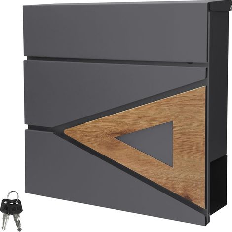 Boîte aux Lettres 37x36,5x11 cm Anthracite/Optique Bois, en Acier, Boîte Postale avec Compartiment à Journaux/Courrier, Verrouillable avec 2 Clés, Murale, Design Moderne, avec Porte-Journaux (1/5)