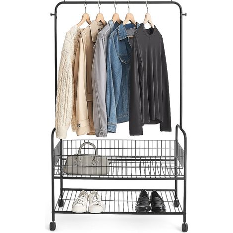 Perchero móvil Relaxdays, 2 estantes, barra para ropa, ganchos, HBT 165 x 90 x 30 cm, rollador, negro