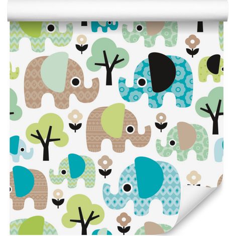 Papel pintado con diseño de árbol y flores de elefante en color verde para salón y dormitorio, 50x1000 cm. (1/5)