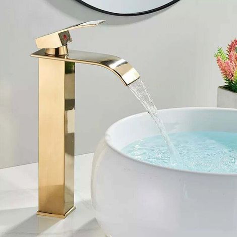 Robinet Lavabo doré Cascade,Mitigeur Salle Bain Cascade avec bec Hauteur Mitigeur Lavabo Cascade Chaude et Froide Réglable Robinet Salle Bain en Inox (1/5)