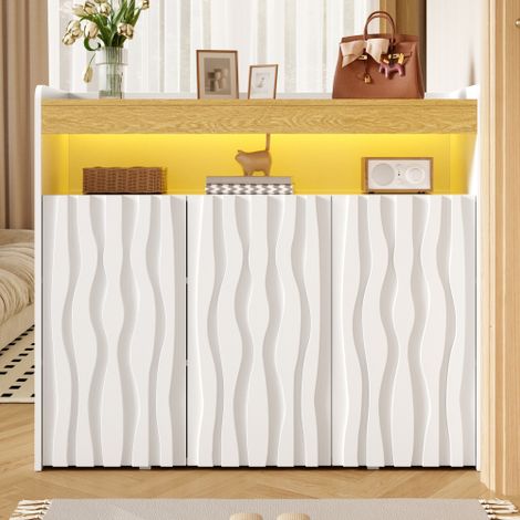 Credenza/scarpiera con illuminazione a LED, 3 ante, design a onde, vano a giorno e ripiani regolabili, dimensioni: L105 × H90,5 × P35 cm (1/5)