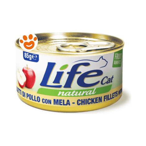 Life Cat Natural Filetti di Pollo con Mela  - Life Cat Natural Filetti di Pollo con Mela - Lattina Da 85 Gr