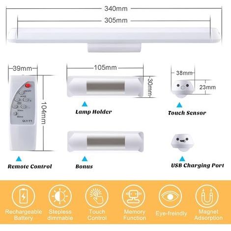 34 cm dimmbare LED-Unterbauleuchte mit Fernbedienung, berührungsempfindliche und wiederaufladbare Wandleuchte, verstellbare kabellose LED-Streifenleuchte für Küchenunterschränke mit 3 Beleuchtungsmodi (1/4)