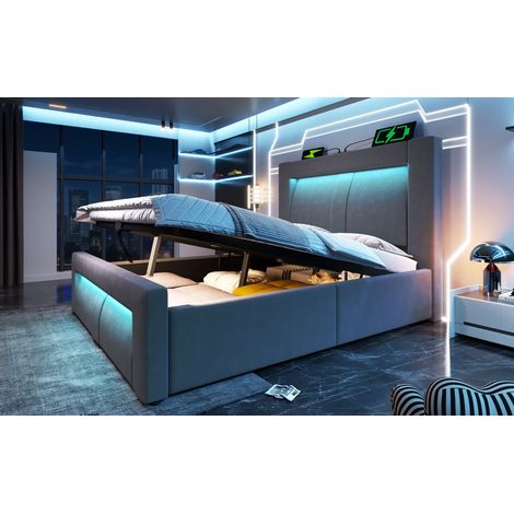 Letto con contenitore in velluto grigio 90x200 cm con LED, porte USB e Type-C, rete e materasso inclusi (1/5)