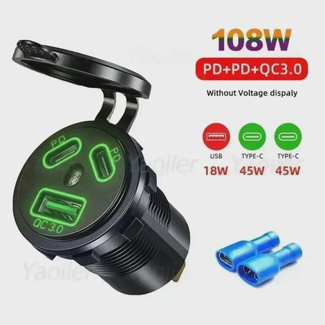 Chargeur de voiture rapide 45 W PD et 18 W QC3.0 avec prise USB Type C 12 V, interrupteur et voltmètre, étanche, pour bateau, moto et camion. (1/5)