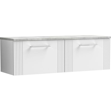 Belvide Partial Fluted 2 Drawer Wall Hung Vanity Unit with Bellato Grey Laminate Worktop - 1200mm - Satin White