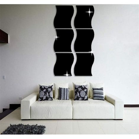 Ensemble de 6 stickers muraux ondulés à effet miroir 3D pour la décoration intérieure : salon, chambre, canapé, TV, murs. Noir. (1/4)