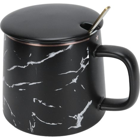 Mug en céramique à motif marbre, avec cuillère et couvercle, idéal pour la maison, les voyages, le bureau et les activités de plein air (noir). (1/5)