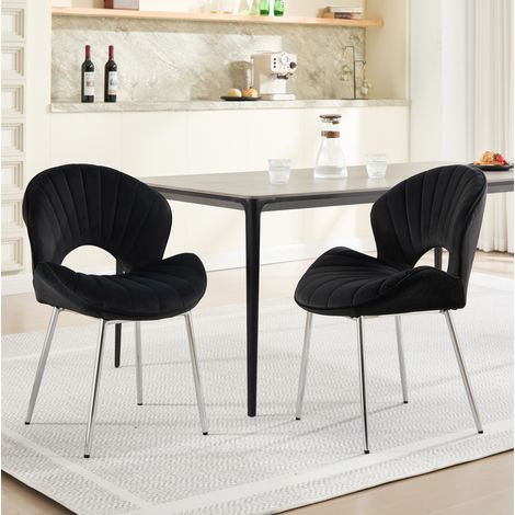 Silla de comedor, sin reposabrazos, líneas modernas, patas de metal con pies antideslizantes, tapizado de terciopelo negro (1/5)