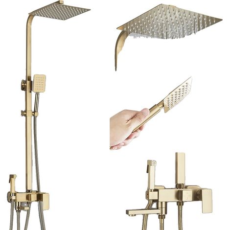 Ensemble de douche, monté au mur, système de douche pluie, 12 pouces or brossé (1/2)