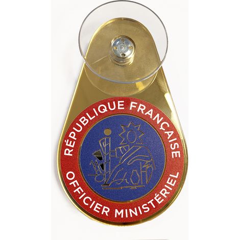 Signaletique.Biz France – Macaron voiture huissier de justice – Verre acrylique doré avec ventouse – Installation facile sur pare-brise – Design cocarde tricolore