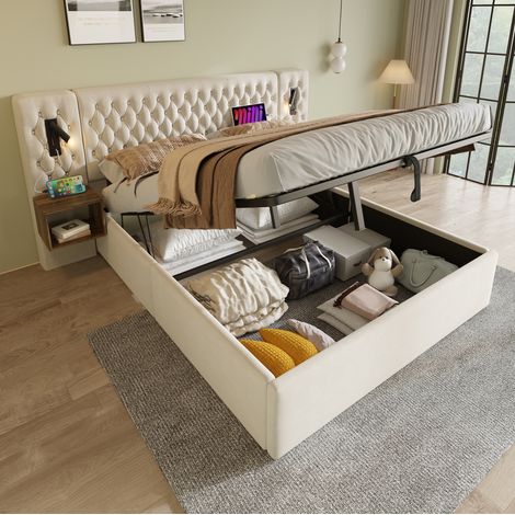 Lit coffre 180x200 cm avec rangement hydraulique, 2 chevets, liseuses USB Type-C, velours beige (1/5)