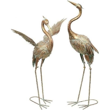 Lot de 2 Statues de Héron en Métal Bronze, Décoration de Jardin Vintage, Sculptures Grues Extérieures Résistantes aux Intempéries - H 63,5/66 cm (1/5)