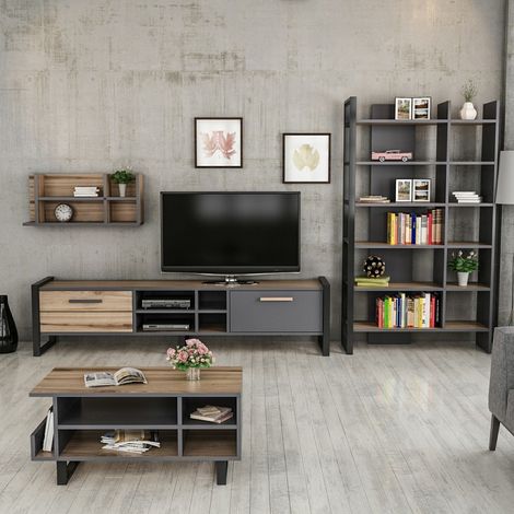 Azura Home Design – Salon complet Leno chêne clair et gris – Ensemble de meubles de salon moderne – Dimensions TV L 184 cm, H 45 cm, P 39 cm – Facile d'entretien