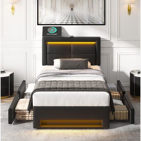 Bett Polsterbett Stauraum 90x190 PU Schwarz OKMYHOME (1/5)