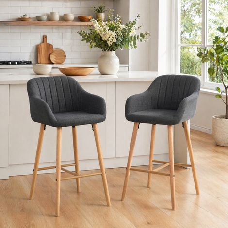 Set 2 sgabelli da bar in lino nero con schienale alto, braccioli e gambe in legno (1/5)