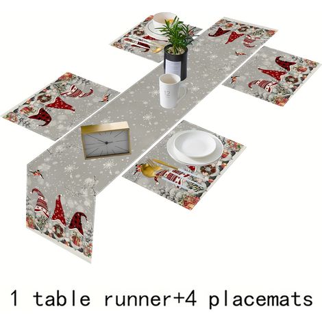 5/7 pièces Set de Napperons et Table Runner en Lin, Motif Branche d'Arbre Fantaisie Grise avec Gnomes pour Décoration de Noël - Cuisine, Salle à Mange (1/5)