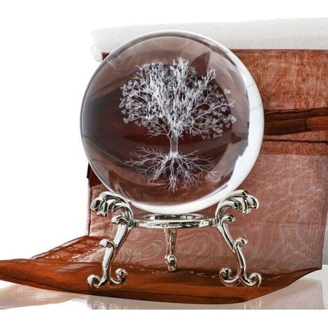 Boule de cristal de 60 mm avec support en forme d'arbre de vie - Presse-papier décoratif en verre gravé au laser - Décoration intérieure (1/4)