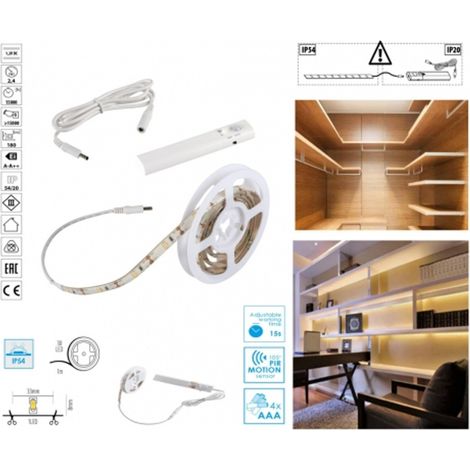 Détecteur De Mouvement Kit De Bandes De Leds Blanc Chaud 3000k 2.4w 180lm Fonctionnant Sur Batterie