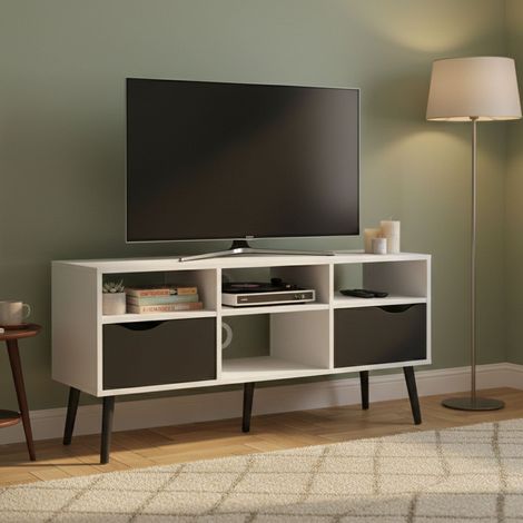 Dmora Meuble TV avec deux tiroirs et compartiments ouverts, noir et blanc, 117 x 57 x 39 cm (1/5)