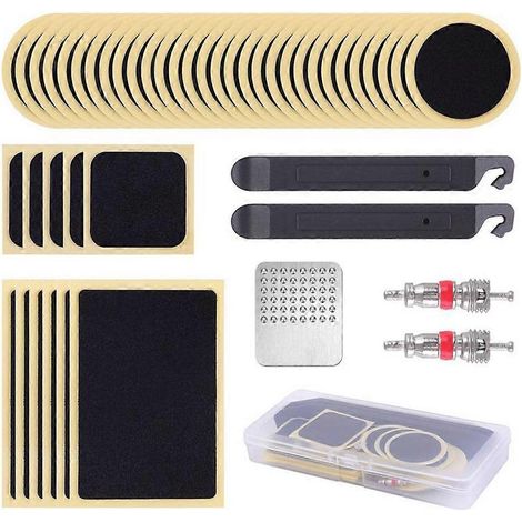 Kit de réparation de pneus de vélo portable pour activités de plein air : 46 rustines auto-adhésives, râpe métallique et levier. (1/5)