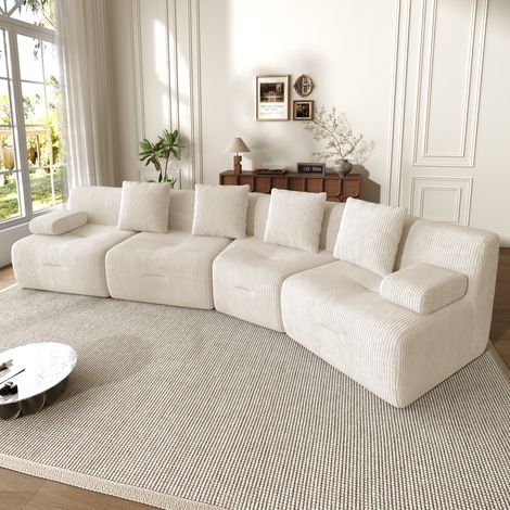 Canapé modulable beige 4 places 311x90x65 cm en velours côtelé, 4 modules indépendants, canapé compressé sans montage, charge totale 400 kg (1/5)