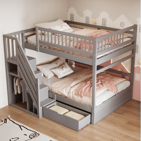 Etagenbett 140x200 cm grau aus Holz mit Sicherheitsgitter, Stauraumleiter und Schubladen (1/5)