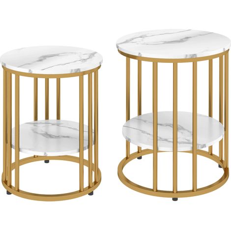 Ensemble de 2 tables basses rondes avec rangement, plateau effet marbre et structure métallique dorée (1/5)