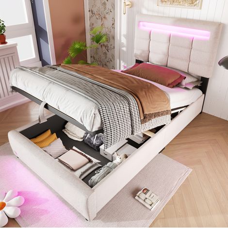 Bettgestell Bett mit Stauraum 90 mal 200 Leinen Beige HAVRYA (1/5)