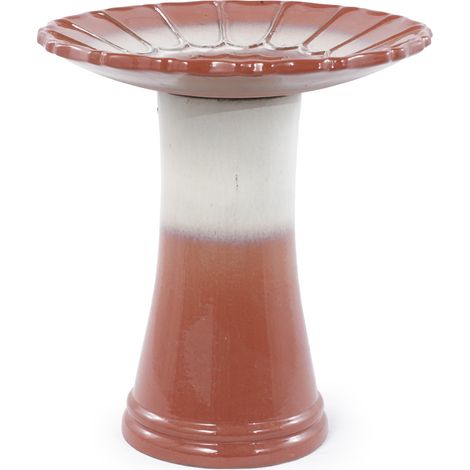 CHICFURN Bain d'oiseaux en céramique, vasque d'extérieur résistante au gel, Ø 43 cm, hauteur 45 cm, finition brun rouille et blanc, jardin, terrasse, balcon (1/5)