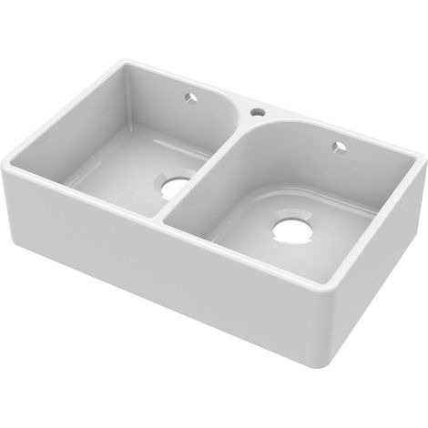 Fireclay Double Bowl Full Weir Butler Kitchen Sink, Overflow & Tap Hole 795mm (1/5)