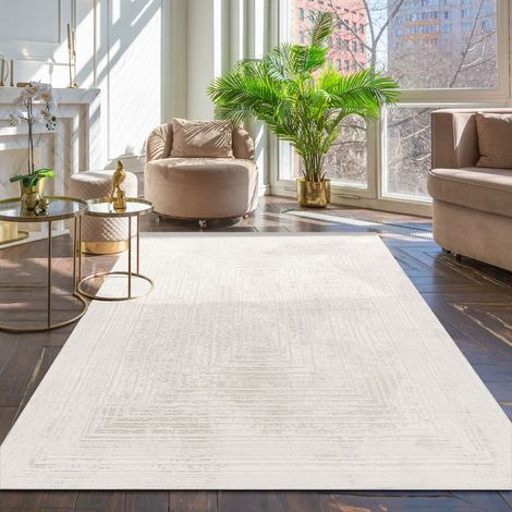 Paco Home Alfombra Salón Pelo Corto Escandinavo Geométrico Boho Unicolor 3D Beige Crema 200x290 cm