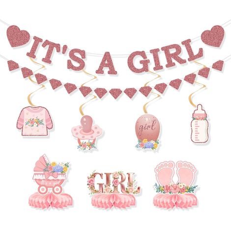 pink and rose gold decorations for a baby girl's party, polka dot garland and hanging spirals to announce a pregnancy (1/5)
