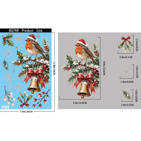 Chapeau de Noël, oiseau, autocollant pour fenêtre, décoration de Noël, autocollant pour verre, houx, baies rouges, branches de pin de Noël, paysage enneigé, autocollant statique